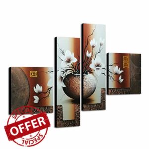 Wieco Art - Large Size Decorative Elegant Flowers 4 Panels 100% Hand Painted Modern Contemporary Artwork Floral Oil Paintings on Canvas Wall Art for Home Decorations Wall Decor L
