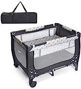 GYMAX Folding Travel Cot, Portable Baby Bed Playard with Changing Table, Storage Shelves and 3 Ha...