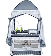 GYMAX Baby Travel Cot, 2 in 1 Portable Playpen Crib with Washable Mattress, Zipper Door and Stora...
