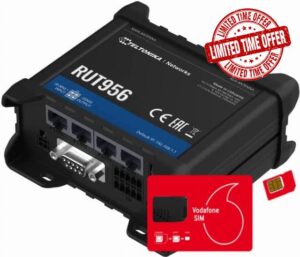 Teltonika RUT956 4G LTE Cat4 Dual SIM Industrial M2M/IOT Router with Unlimited Max Vodafone Data SIM Card Bundle