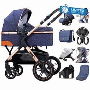 Pushchairs Strollers Infant Prams 3 in 1 Baby Travel System with Car Seat Easy Fold Stroller Rain Cover Mosquito Net Cotton pad Fan Baby Carrier Mummy Bag Milk Cup Holder 8 Gift (Blue)