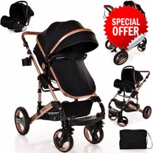 Baby Stroller Pram Pushchair Buggy Lightweight Folding Strollers 3 in1 Travel System Baby Trolley Baby Pram for Newborns Toddlers 0-36 Months from Birth… (Black - Rose Gold Frame)