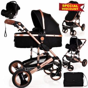 Baby Pram Pushchair Buggy with Car Seat Lightweight Stroller Folding Strollers 3 in1 Travel System Baby Trolley Baby Pram for Newborns Toddlers 0-36 Months from Birtn (Black - Rose Gold Frame)