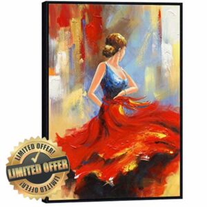 Wieco Art Black Framed Flying Skirt Modern Artwork Abstract Dancing People Oil Paintings on Canvas Wall Art Ready to Hang for Living Room Bedroom Home Decorations Wall Deco