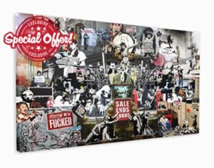 M2M Prints Banksy Canvas Wall Art Large Collage Of Street Art Graffiti Pictures Abstract Wall Hangings Pictures For Hallway Home Office Artwork Decorations (60x36 Inch)