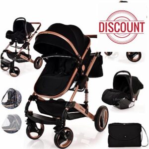 Baby Buggy Pram Pushchair Stroller 3 in 1 Child Lightweight Folding Stroller 3 in 1 Travel System Pram for Newborns & Toddlers 0-36 Months from Birth Aluminum (Black - Rose Gold Frame)