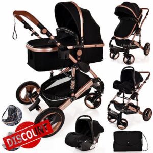 Baby Stroller 3 in 1 Pram Pushchair Buggy Child Lightweight Folding Stroller 3 in 1 Travel System Pram for Newborns Toddlers 0-36 Months from Birth Aluminium (Black - Rose Gold Frame)