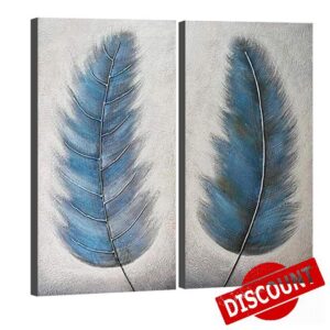 Wieco Art Large 2 Panels Abstract Grey Blue Feather Oil Paintings on Canvas Wall Art for Living Room Bedroom Home Decorations Modern 100% Hand Painted Contemporary Landscape Artwork