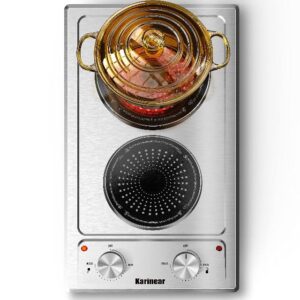 Karinear Stainless Steel Ceramic Hob 2 Zone Plug in Electric Hob 30cm Knob Control 1600W+1000W Power for ALL Cookware 3-Year Warranty