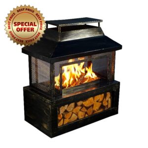 Neo Black Steel Outdoor Log Burner Burning Fire Pit Chiminea Heater Stove with Mesh Surround and Storage