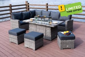 Rattan Garden Furniture with Fire Pit Table - Premium Series - 9 Seater Outdoor Furniture Rattan Corner Sofa Corner Garden Furniture Sets - FREE RAIN COVER (Grey