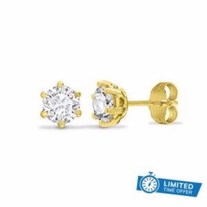 Jewelco London Solid 9ct Yellow Gold White Round Brilliant Cubic Zirconia 6 Claw Solitaire Heavy Weight Stud Earrings