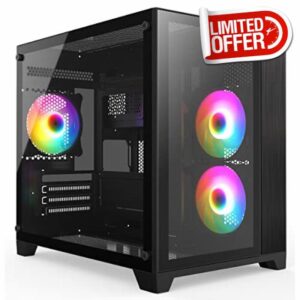 iONZ PC Gaming Case Micro ATX Mid Tower - Dual Chamber Dynamic Series Black Airflow and Glass (Compact Edition with 3 x 120mm RGB Fans)