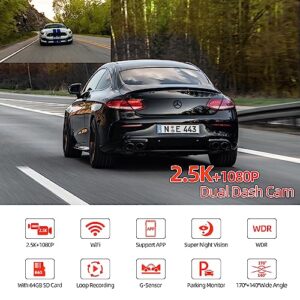 2.5K+1080P Dual Dashcam for Cars with 64G SD Card