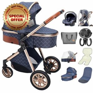 Baby Stroller 3 in 1 Toddler Pushchair Foldable Lightweight Ultra Compact Infant Prams with Fan Mommy Bag Rain Cover Footmuff Blanket Cooling Pad Mosquito Net for 0-3 Years Old (Blue)