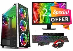 ASCTECHNOLOGY Gaming PC Bundle: Intel Core i5 6400 GTX1650 4GB Graphic Card. 16GB RAM DDR4. 1TB+256GB SSD. 500W 80Plus / 22'' Monitor/WiFi/Windows 10 / RGB Bundle/WHITE RAIDER