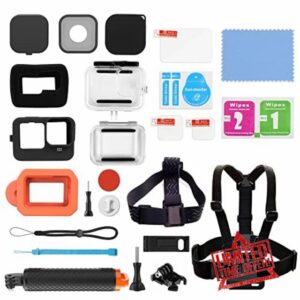 Accessories Kit for GoPro Hero 11/10/9 Waterproof Housing Silicone Case Glass Screen Protector Lens Cap Head Strap Chest Bundle Buoyancy Grip Floaty Case Windslaye