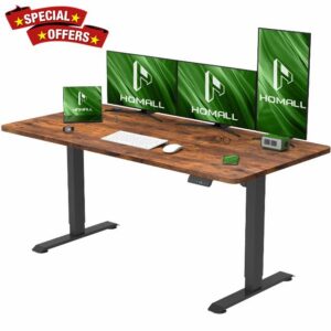 Homall 140x70cm Height Adjustable Electric with USB Charging Standing Desk with Wheels Sit Stand Desk with Wood Desktop Stand Up Desk with Headphone Holder Rustic Brow