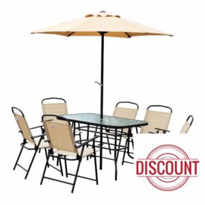 Outsunny 8 Pieces Dining Set Pation Furniture Garden Foldable Parasol with 6 Chairs 1 Table Beige