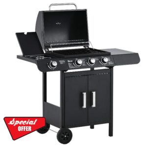 Outsunny Gas Burner Barbecue Grill 3+1 Burner Garden BBQ Trolley w/Side Burner Warming Rack Side Shelves Storage Cabinet Piezo Ignition Thermometer 110x50x100cm