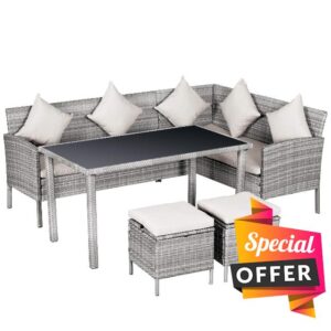 Outsunny Garden Outdoor 5 PCs Patio Rattan Corner Dining Set 6 Seater Wicker Sofa