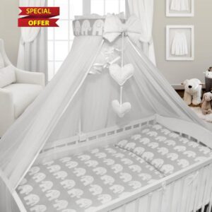 BABYMAM Baby Cot Bedding Set 9pc Fit Cot 120x60cm Elephants Grey
