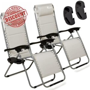 SUNMER Set of 2 Sun Lounger Padded Garden Chairs With Cup And Phone Holder – Adjustable Headrest - Deck Folding Recliner Zero Gravity Outdoor Chair - Grey