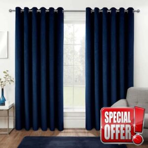 HOMESCAPES Navy Blue Velvet Blackout Curtains 90" x 90" (229 x 229 cm) Eyelet Thermal Insulated Curtains with 100% Ultra Blackout 3 Pass Coating Fully Lined Readymade Curtains