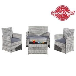 ASOWNSUN Grey Rattan Garden Furniture Set 4 piece Chairs and Table