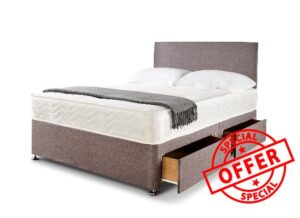 4FT Small Double Divan Bed Base with Mattress and Headboard – 4FT Slate Grey Linen Look Divan Bed with 2 Storage Drawers and Memory Foam Mattress 10”