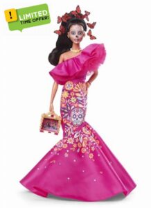 ​2023 Día De Muertos Barbie Doll Wearing Ruffled Pink Gown and Holding Tiny Ofrenda