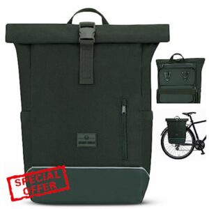 Johnny Urban Bike Pannier Bag for Bicycles Green - Robin Medium Bike - 2 in 1 Cycling Roll Top Backpack & Rear Rack Bag - Cycle Rucksack - Water-Repelle