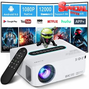 Xgody 4K Supported Projector w/ 5G WiFi Bluetooth,XGODY X1 Android TV Portable Smart Projector Native 1080P,12000 Lumens4D Correction Zoom Function Home Movie HD Video Projector Dolby Speaker w/ Apps