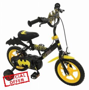 MV Sports Batman 12 Inch Kids Bike with Stabilizers Officially Licensed Sturdy Steel Frame Puncture-Proof Tires Rear Calliper Brakes Fully Enclosed Chainguard Adjustable Handlebar Seat Height Age 3+