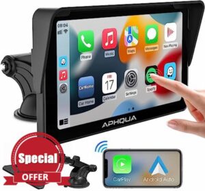 APHQUA A3 2023 Portable Wireless Apple CarPlay and Android Auto Car Radio Stereo with detachable Sunshade