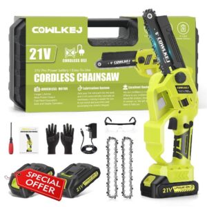 Mini Chainsaw Cordless 6 inch Electric Mini Chainsaw Electric Pruning Chain Saw with Replacement Chain 2 Batteries Oiler System Security Lock Handheld Chainsaw for Wood Cutting Tree Trimming