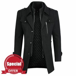 YOUTHUP Mens Wool Coats Regular Fit Military Winter Trench Coat Hip-Length Thick Casual Peacoa