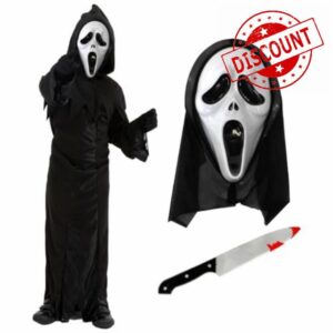 Kids Screamer Costume - Black Hooded Robe with Screamer Mask & Fake Plastic Knife - Childs Halloween TV Film Fancy Dress Costume