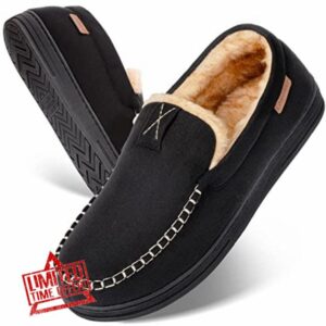 LongBay Men's Comfort Moccasin Slippers Memory Foam Warm Fluffy Faux Fur House Shoes with Indoor Outdoor Rubber Sole