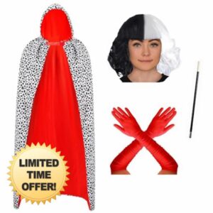 Adult Dalmatian Costume - 4pc Evil Dog Lady Fancy Dress Costume for Womens halloween Costume - Complete Halloween Costumes for Women Dalmation Cape Black White Wig