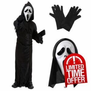 Kids Masked Killer Costume - Black Hooded Robe with Screaming Maskand Black Gloves - Childs Halloween TV Film Fancy Dress Costume