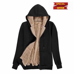 Voqeen Womens Plain Hoodie Winter Warm Sherpa Lined Zip Up Hooded Sweatshirt Jacket Coat Cosy Soft Fleece Blanket with Pocke
