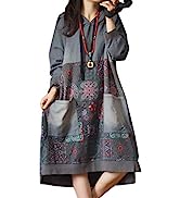 YESNO Women Casual Plus Size Long Hoodies Sweatshirt Ladies Ethnic Floral Jumper Dresses Loose Pu...