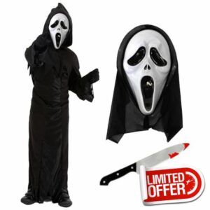 Kids Screamer Costume - Black Hooded Robe with Screamer Mask & Fake Plastic Knife - Childs Halloween TV Film Fancy Dress Costume