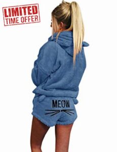 Blivener Poplover Womens Cute Fleece Pajamas Suit Hooded Sleepwear Meow Shorts Se