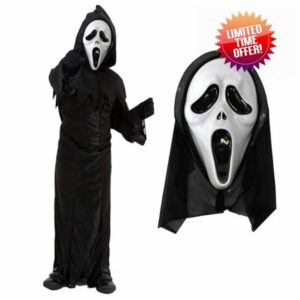 Kids Screamerer Costume - Black Hooded Robe with Screamer Mask - Childs Halloween TV Film Fancy Dress Costume