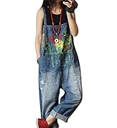YESNO Women Loose Fit Denim Dungarees Casual Printed Baggy Jumpsuit Distressed Long Wide Leg Over...