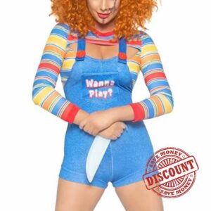 YILEEGOO Women's 2 Pcs Halloween Costumes Set Scary Nightmare Killer Doll Wanna Play Movie Character Dress Chucky Doll Costume Set Outfit Sui