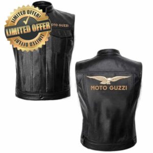 EKSED Mens Leather Biker Waistcoat Vest for MOTO GUZZI Print Motorcycle Gilet Classic Black Club Vest for Cycling Skiing Riding