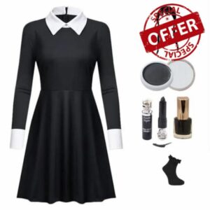 MAQMUD Wednesday Addams Dress Kids Outfits For Girls Wednesday Costume Cosplay Dress Up Black Mesh Flare Dress For Halloween Carnival Christmas Party Supplies